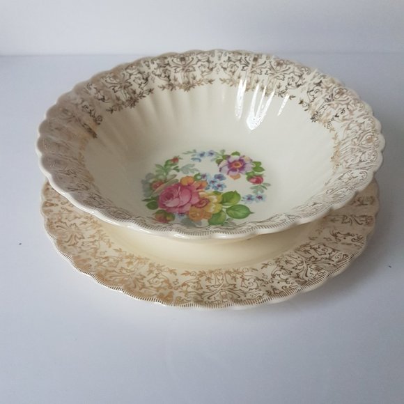 LIMOGES AMERICAN LAMARR KS542 Vegetable Bowl and Plate 22K Gold Filigree Floral - Picture 2 of 16